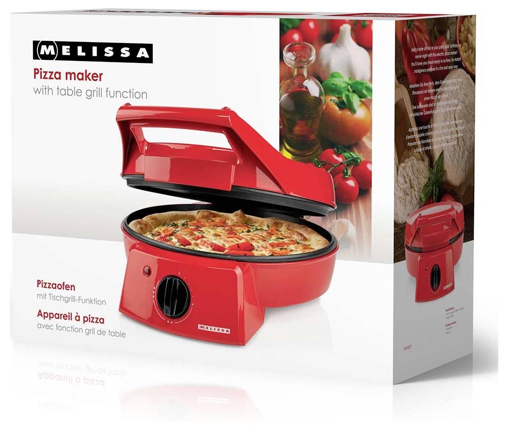 Melissa Pizzamacher mit Tischgrillfunction, auf der Produktverpackung mit einem roten Tischplatz-Pizzaofen und Pizza im Inneren dargestellt