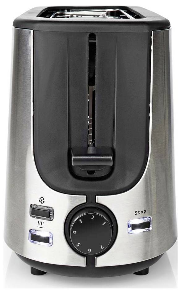 Edelstahl-Vier-Scheiben-Toaster mit schwarzem Frontpaneel, zentralem Hebel, Bräunungsregler und Stopp-Taste auf weißem Hintergrund.