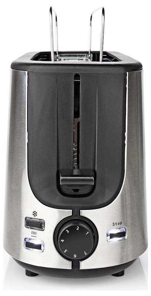 Edelstahl-Zwei-Scheiben-Toaster mit schwarzen Akzenten, vorderer Hebel, Bräunungsschieber und beleuchteten Stopp-/Abbruchtasten auf weißem Hintergrund.