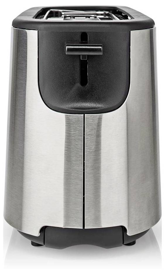 Edelstahl-Toaster mit automatischem Hochfahrmechanismus mit zwei Schlitzen und schwarzem Bedienungshebel, in Vorderansicht vor weißem Hintergrund.