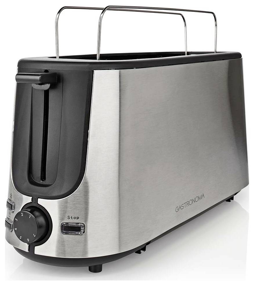 Edelstahl-Toaster für zwei Scheiben mit schwarzen Bedienelementen, einem breiten Hebel und einer nummerierten Bräunungsskala auf weißem Hintergrund.