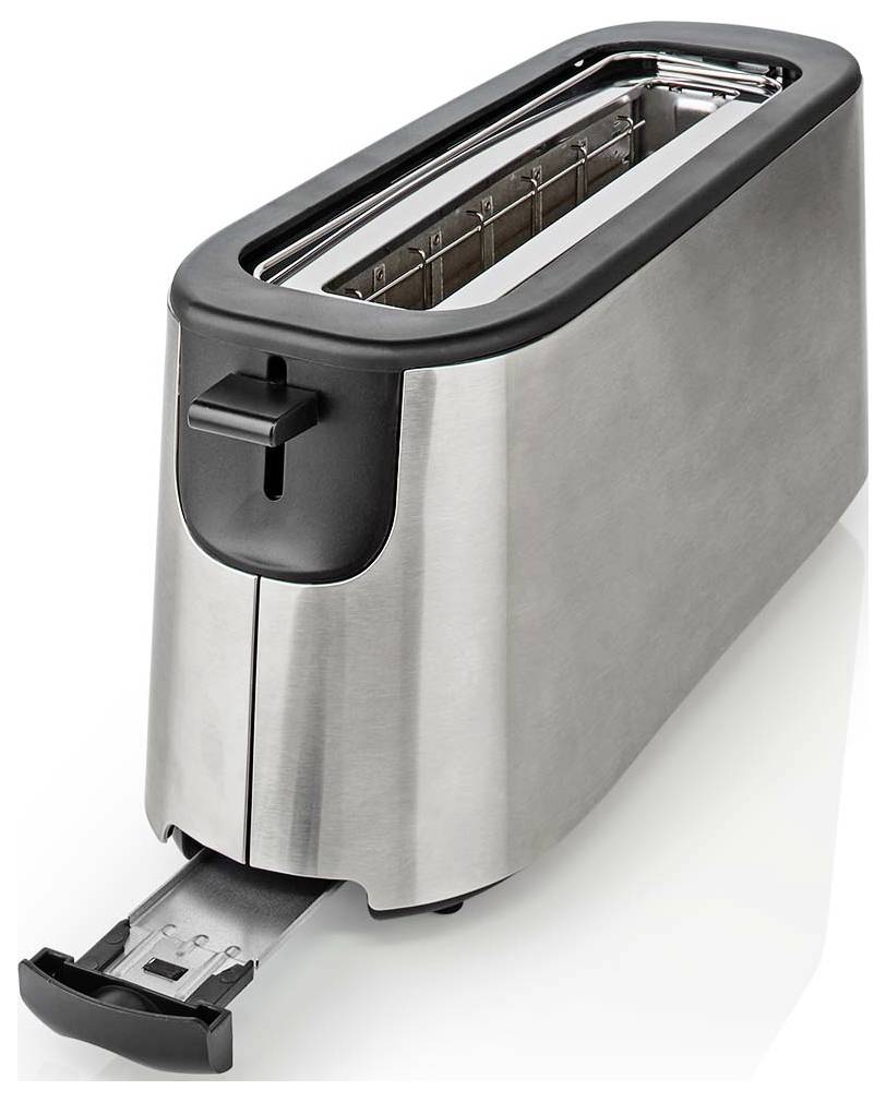 Edelstahl-2-Scheiben-Toaster mit einem vorderen Hebel und herausnehmbarem Krümelblech auf weißem Hintergrund.