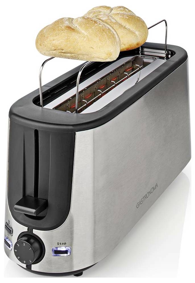 Edelstahl-Zweischlitz-Toaster mit Brötchen oben drauf und einem vorderen Drehknopf und einer Stopptaste.
