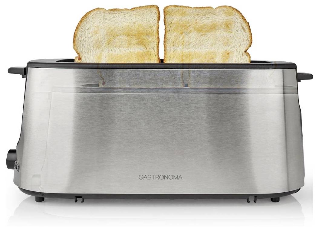 Edelstahltoaster mit zwei Toastscheiben, die vor weißem Hintergrund hochspringen.