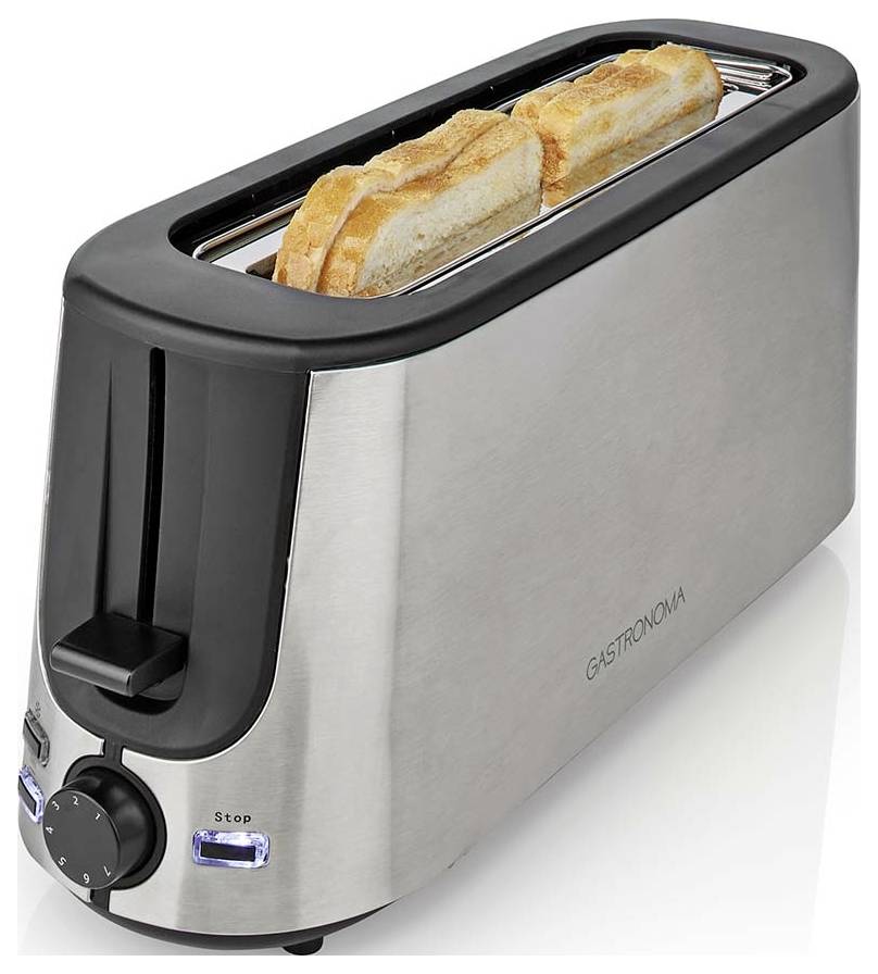 Edelstahltoaster für zwei Scheiben mit Brot im Inneren, auf weißem Hintergrund dargestellt.
