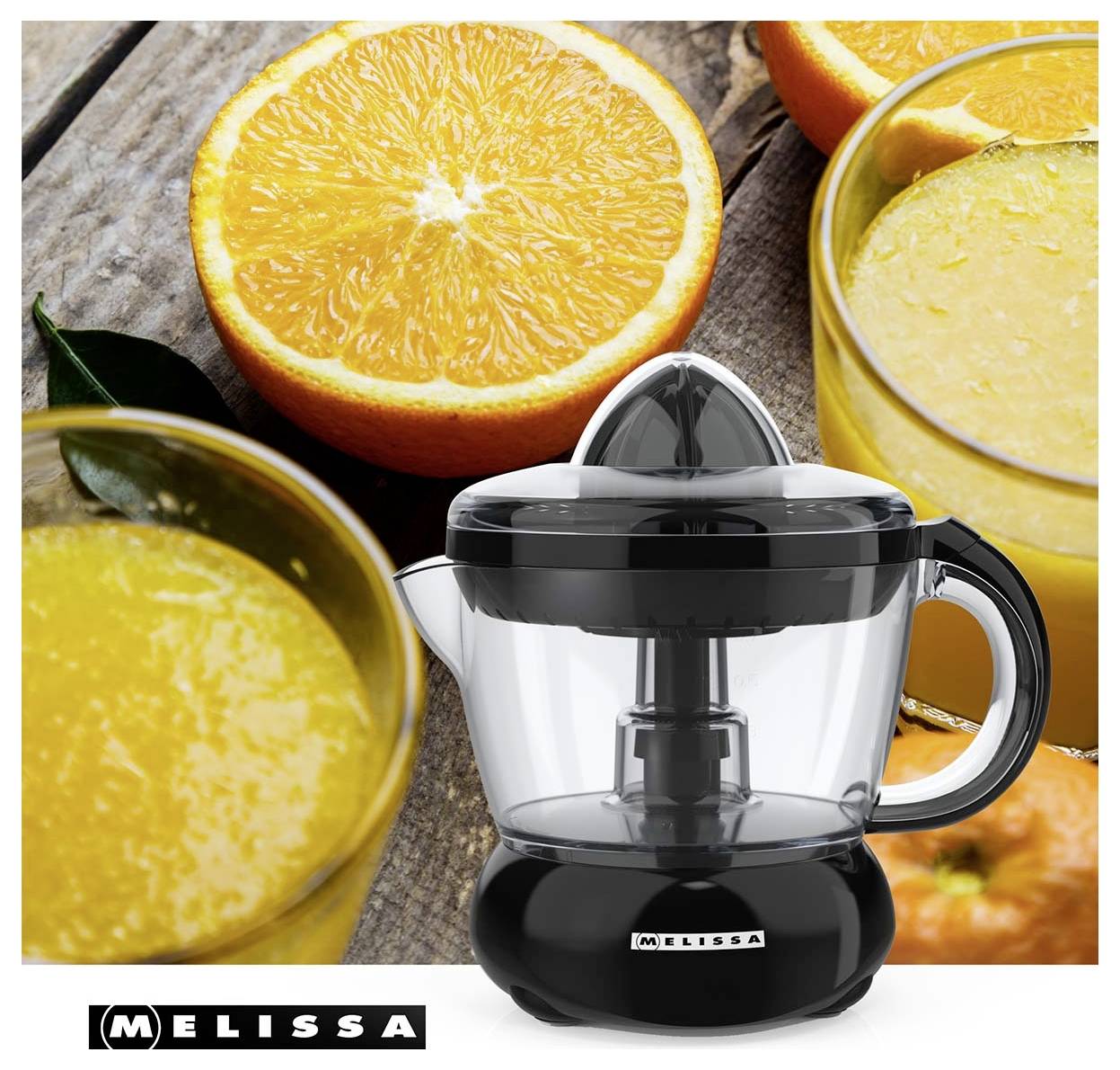Elektrische Zitrusfruchtsaftpresse mit Orangenhälften und Gläsern mit Saft, Marke MELISSA