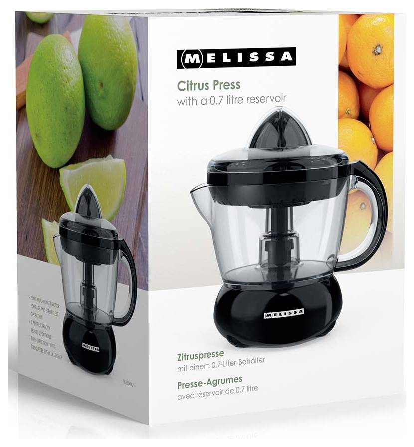 Verpackung für eine Melissa Zitruspressen-Saftpresse, zeigt die schwarze Zitruspressen mit einem 0,7-Liter-Behälter und Fruchtsymbole auf der Schachtel.