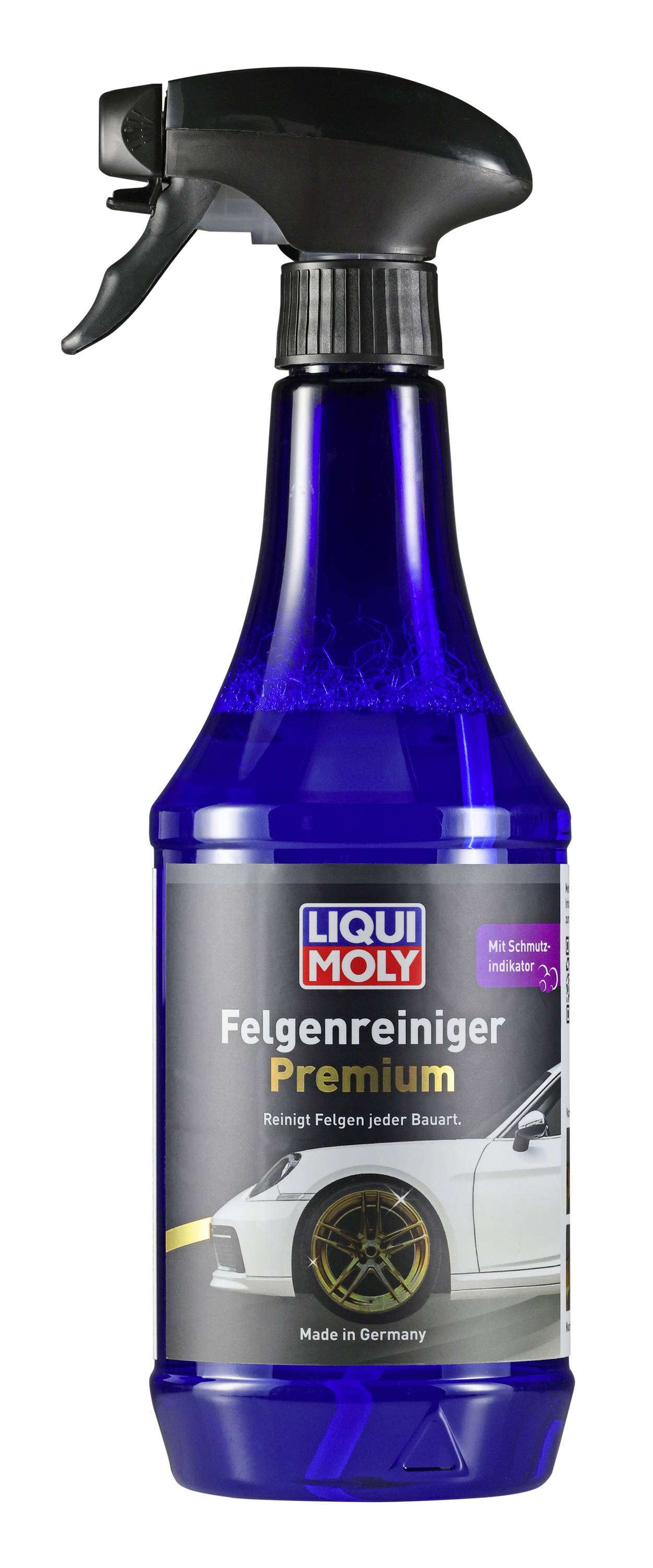 Blaue Sprühflasche von LIQUI MOLY 'Felgenreiniger Premium' Felgenreiniger mit schwarzem Sprühauslöser und Reifen-/Felgen-Grafik auf dem Etikett.