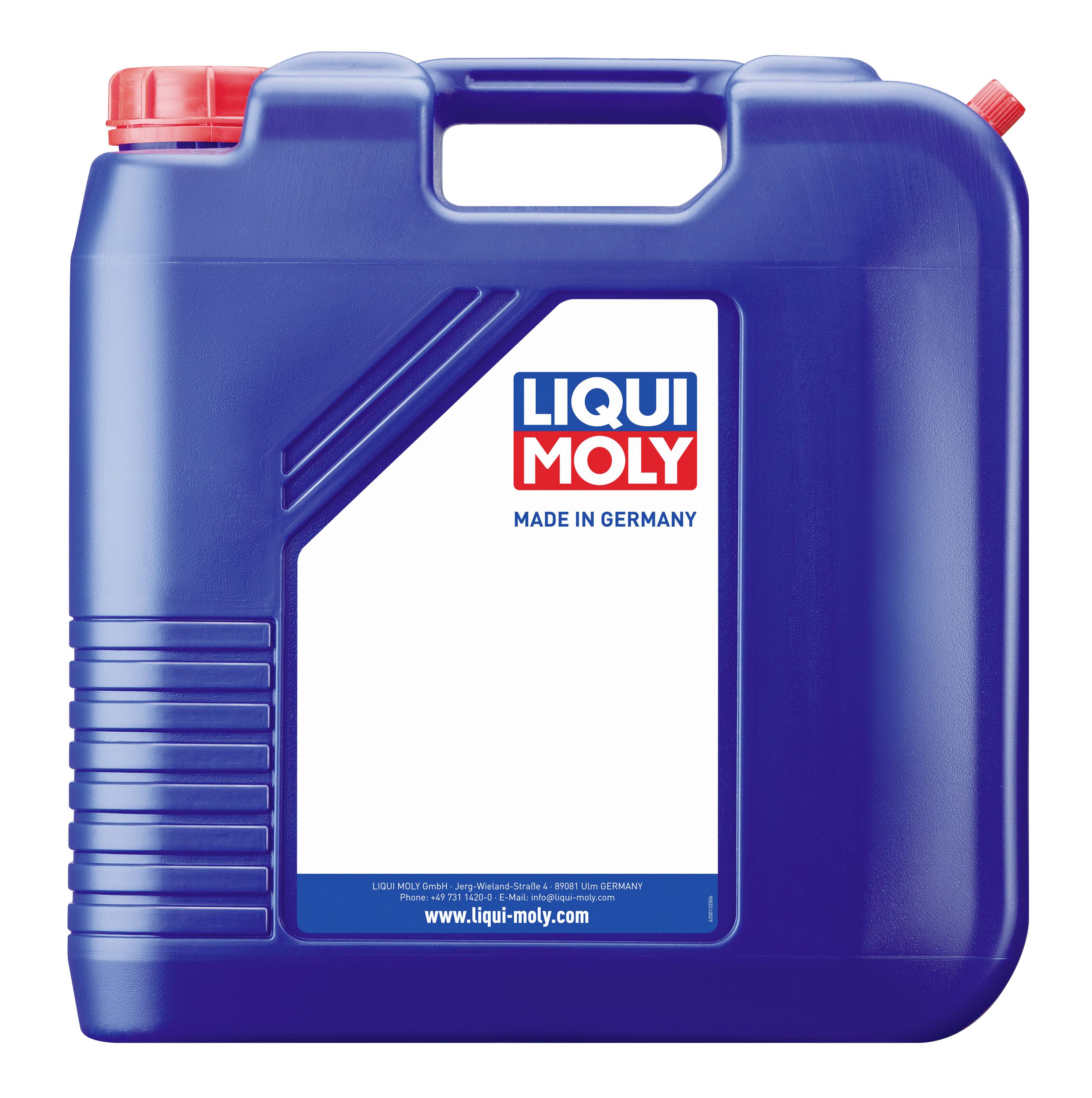 Blauer Liqui Moly Motorölbehälter mit roter Kappe und Griff, beschriftet mit „LIQUI MOLY