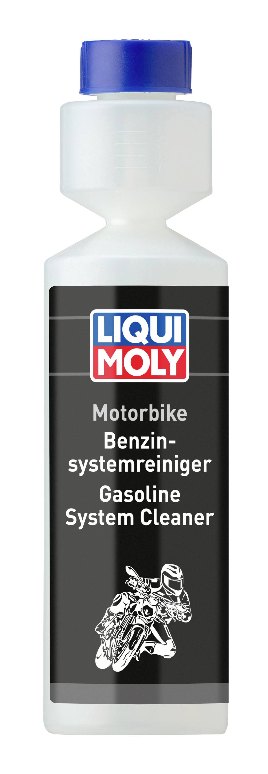 Liqui Moly Motorrad-Benzinsystem-Reiniger Flasche mit blauem Verschluss und schwarzem Etikett, Vorderansicht auf weißem Hintergrund gezeigt.