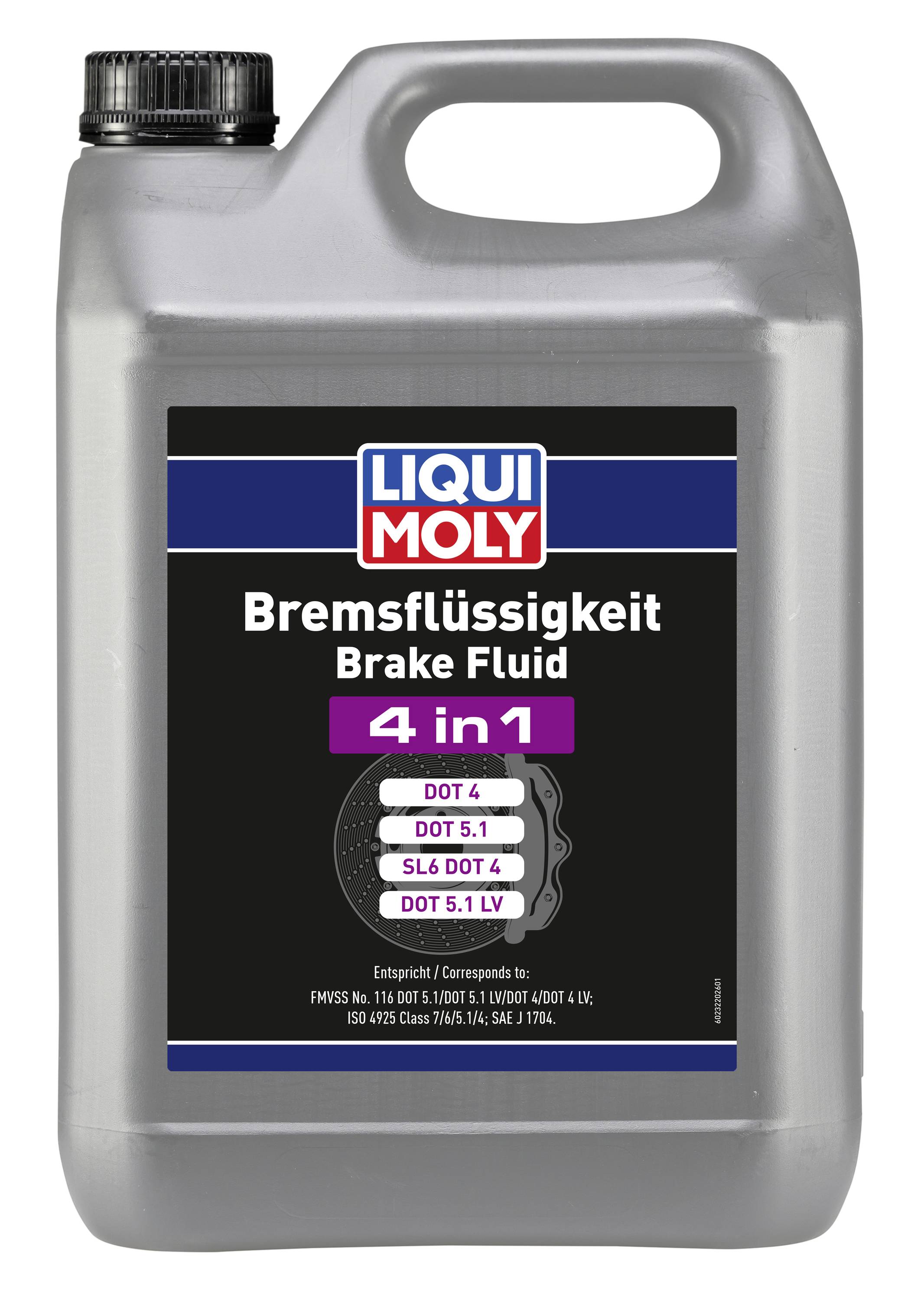 Ein grauer LIQUI MOLY-Bremsflüssigkeitsbehälter mit der Bezeichnung „Bremsflüssigkeit Brake Fluid 4 in 1