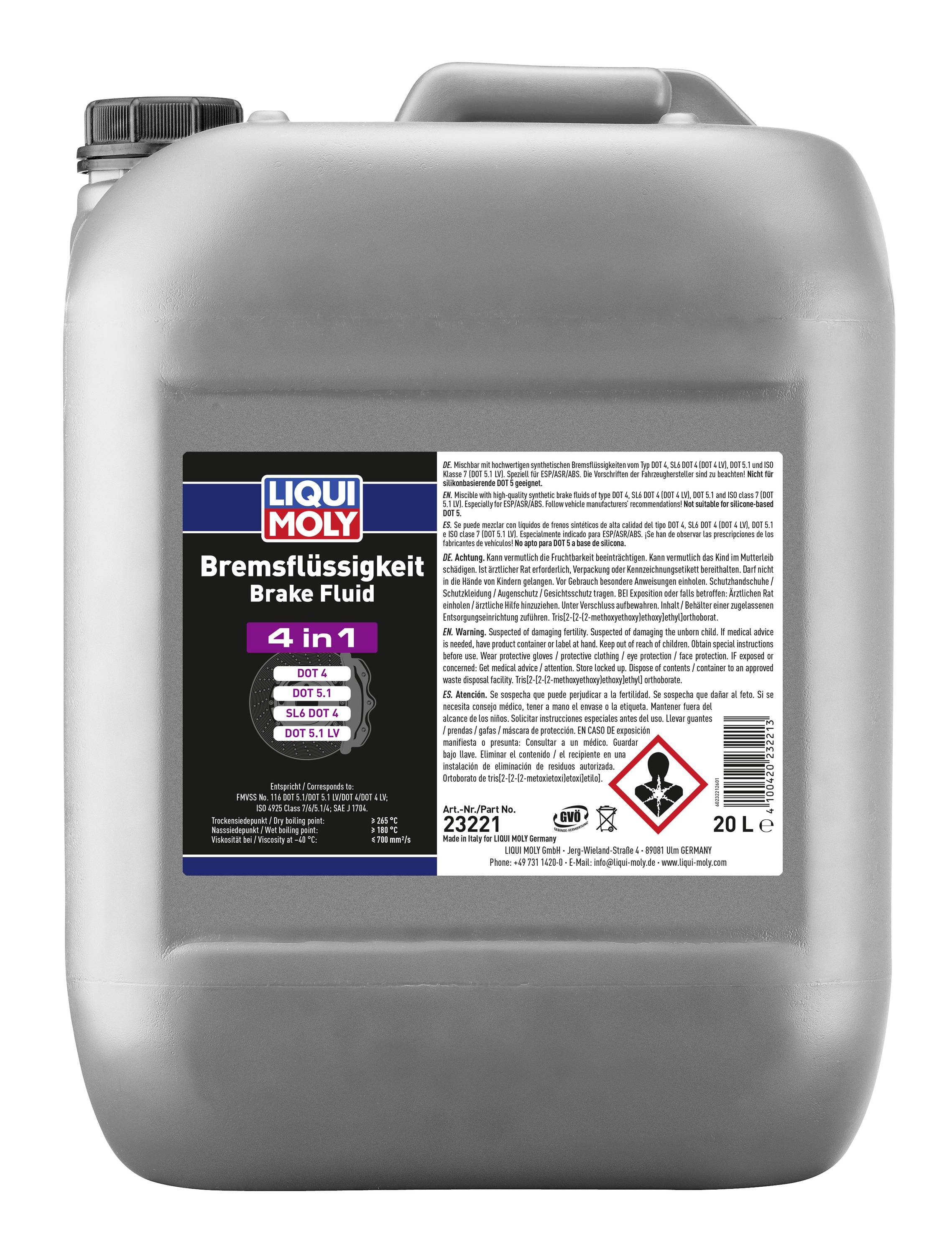 Silber 20-Liter LIQUI MOLY Behälter für Bremsflüssigkeit mit der Bezeichnung „Bremsflüssigkeit Brake Fluid 4 in 1