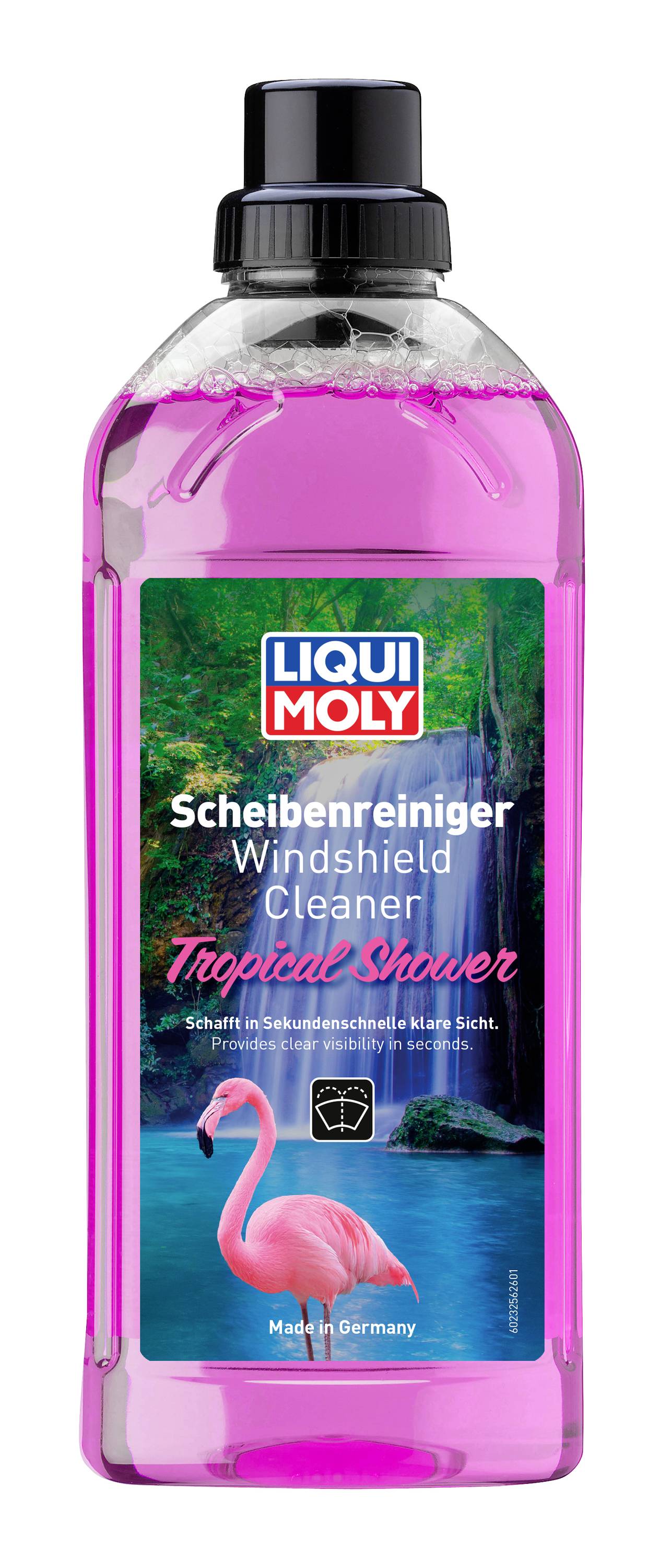 Eine Flasche LIQUI MOLY Scheibenreiniger mit rosa Flüssigkeit, beschriftet mit „Scheibenreiniger
