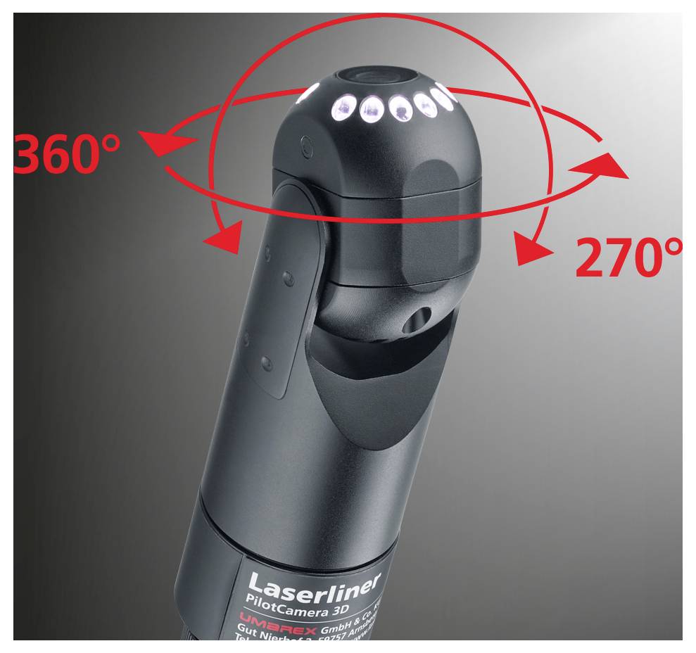 Produktfoto einer Laserliner PentaCamera 3D mit roten Pfeilen, die 360° horizontale und 270° vertikale Rotation um den Kamerakopf zeigen.