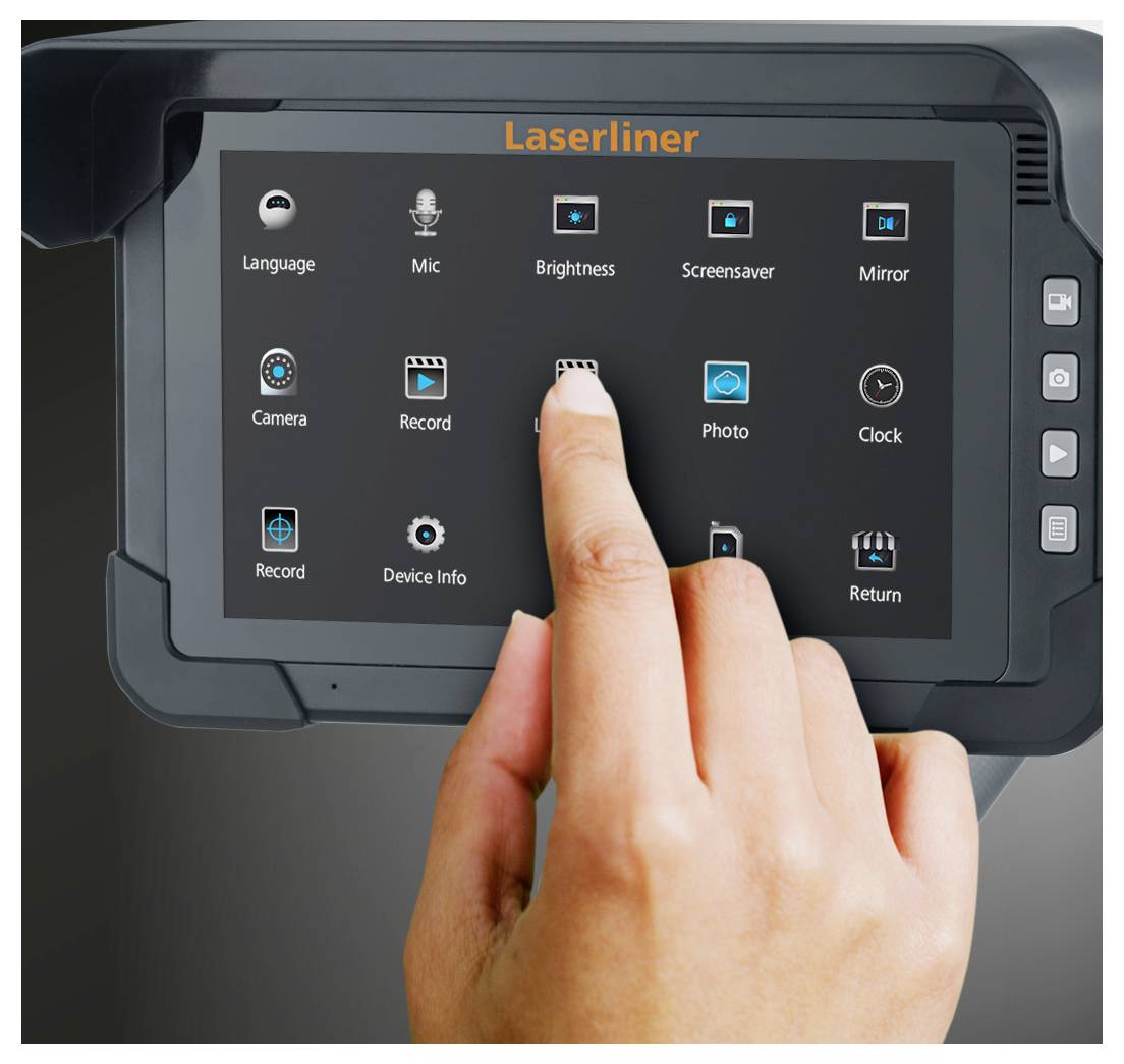 Hand tippt auf das Symbol 'LED' im Menü eines Laserliner-Touchscreen-Geräts, das Einstellungen wie Sprache, Mikrofon, Helligkeit, Bildschirmschoner, Kamera, Foto, Uhr und Zurück anzeigt.