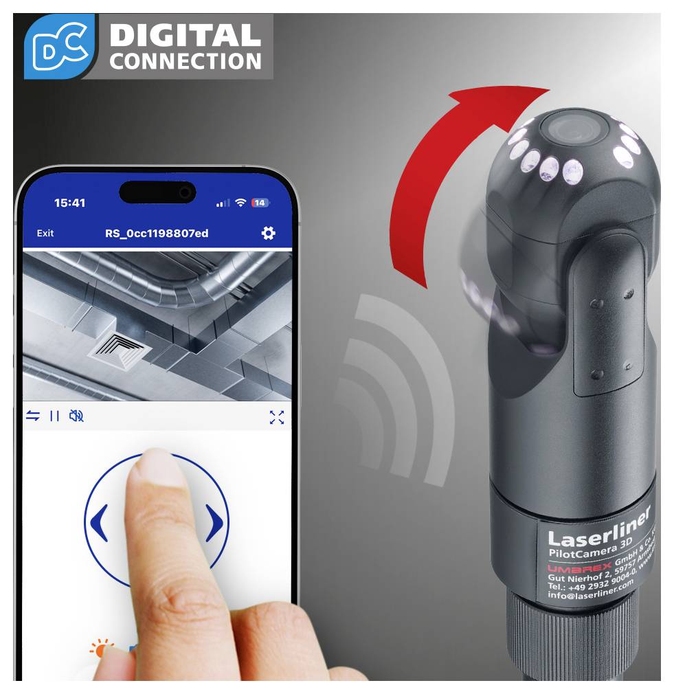 Smartphone-App steuert eine Laserliner-Inspektionskamera und zeigt Live-Ansicht sowie Wisch-Navigation für die Fernbetrachtung.