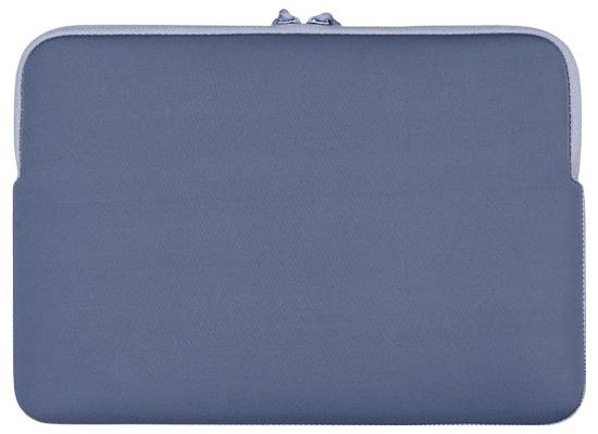 Blauer gepolsterter Laptop-Sleeve oder Schutztasche mit Reißverschluss-Verschluss, Vorderansicht auf weißem Hintergrund gezeigt.