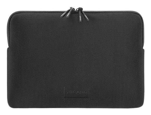 Schwarzes Laptop-Etui mit Reißverschluss, abgerundeten Ecken und einem subtilen Tucano-Logo in der Mitte unten.