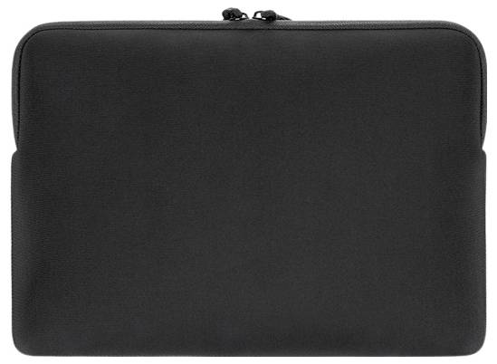 Schwarze Laptop-Tasche mit Reißverschluss oder Schutzhülle auf weißem Hintergrund.