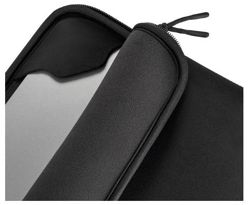 Schwarze Schutztasche mit Reißverschluss und gepolstertem Inneren, teilweise offen vor weißem Hintergrund gezeigt.