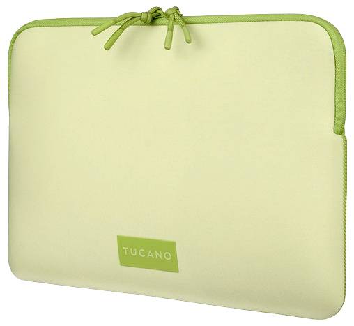 Hellgrüne Laptop-Schutzhülle mit Reißverschluss und Tucano-Logo, geschlossen auf weißem Hintergrund dargestellt.