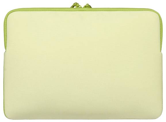 Hellgelber reißverschlossener gepolsterter Beutel oder Laptop-Sleeve auf weißem Hintergrund.