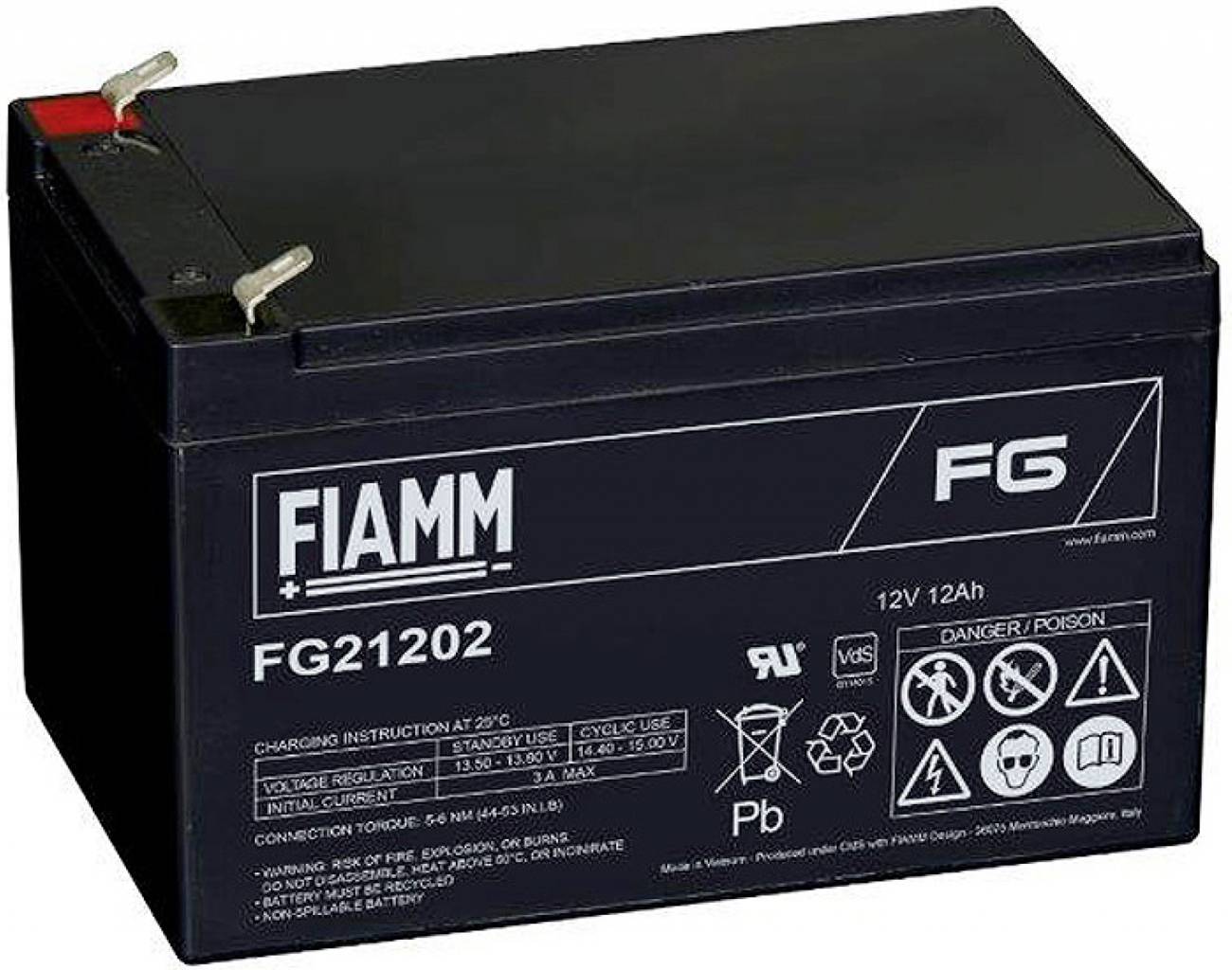 Schwarze FIAMM FG21202 12V 12Ah versiegelte Blei-Säure-Batterie mit Anschlüssen oben und Warnkennzeichnungen auf der Vorderseite.