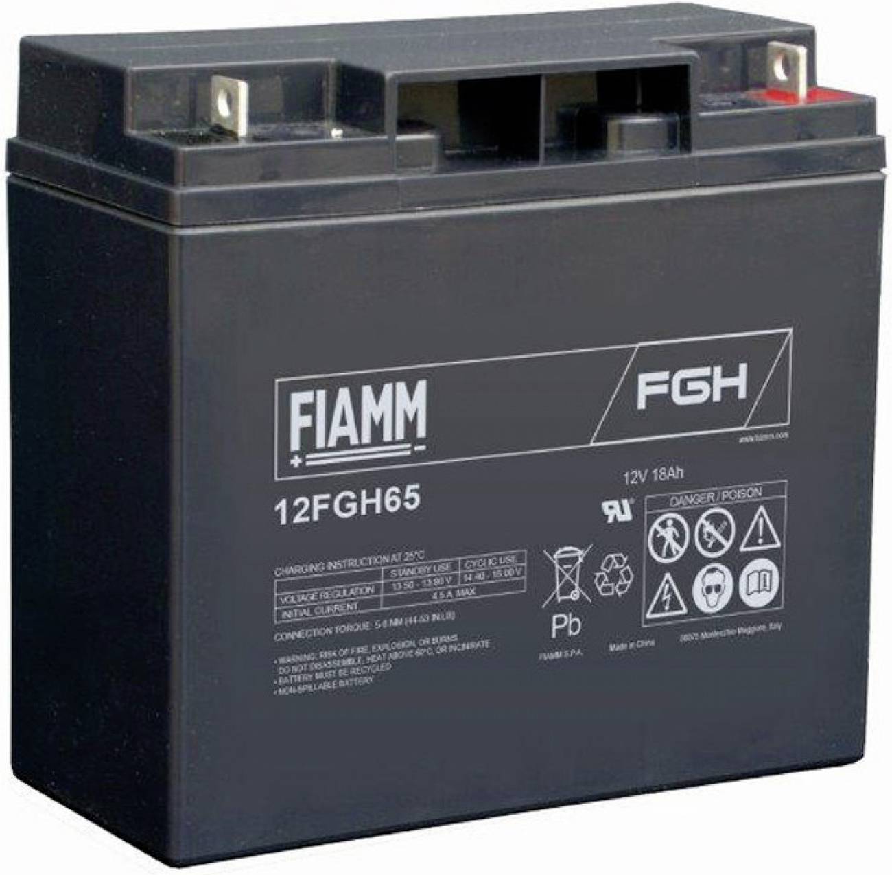 Schwarze FIAMM 12FGH65 12V 18Ah versiegelte Blei-Säure-Batterie mit Anschlüssen oben und Warnhinweisen.