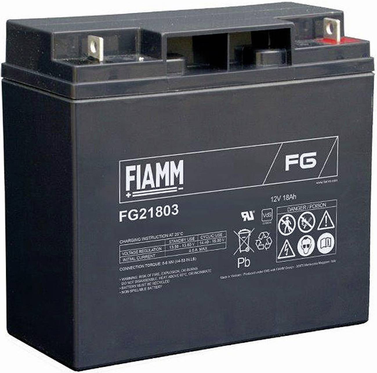 Schwarze FIAMM FG21803 12V 18Ah versiegelte Bleiakkubatterie mit Obergriffen und gedruckten Spezifikationen auf der Vorderseite.