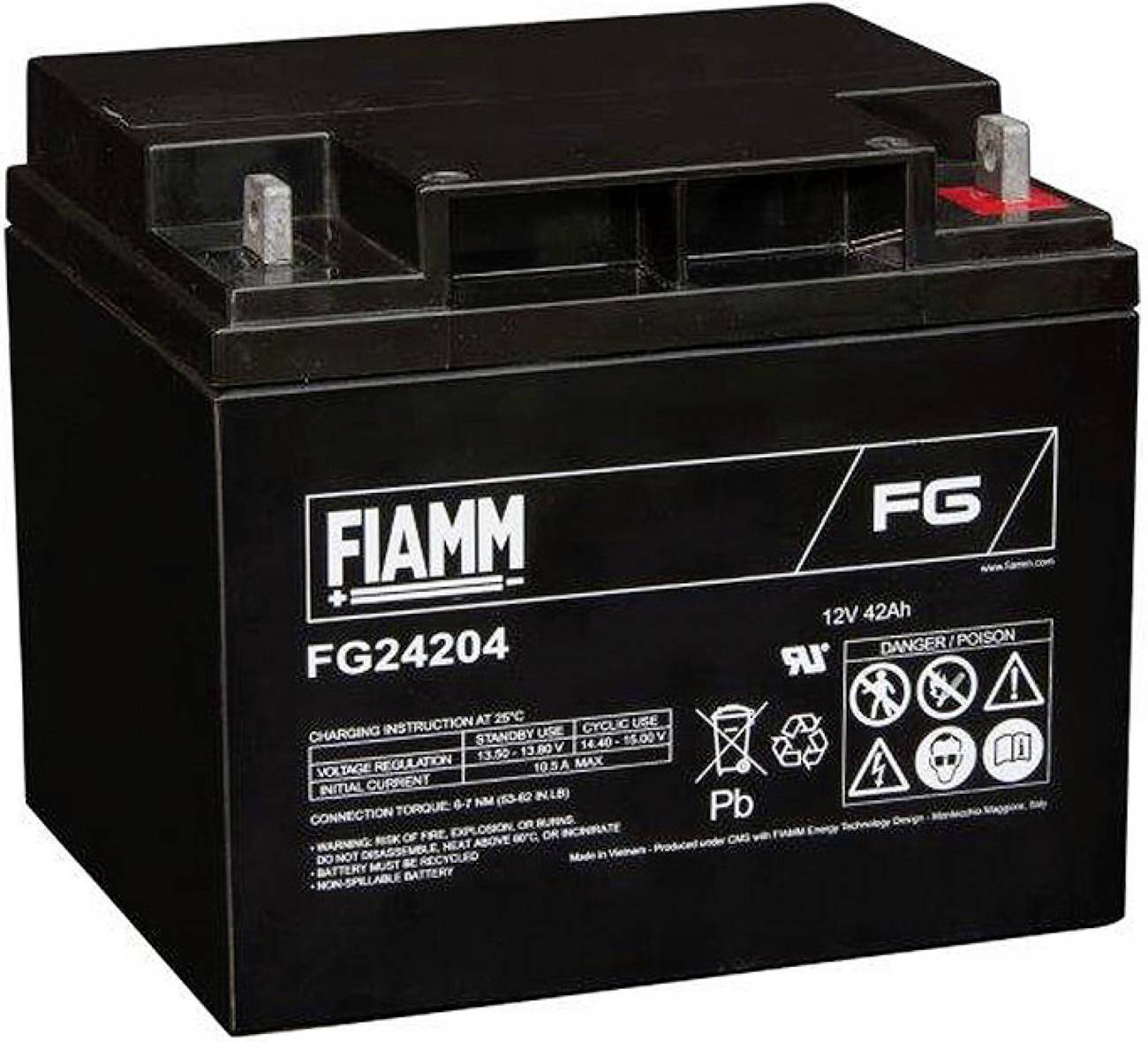 Schwarze FIAMM FG24204 12V 42Ah versiegelte Blei-Säure-Batterie mit zwei Anschlüssen oben und Produktetikett an der Vorderseite.