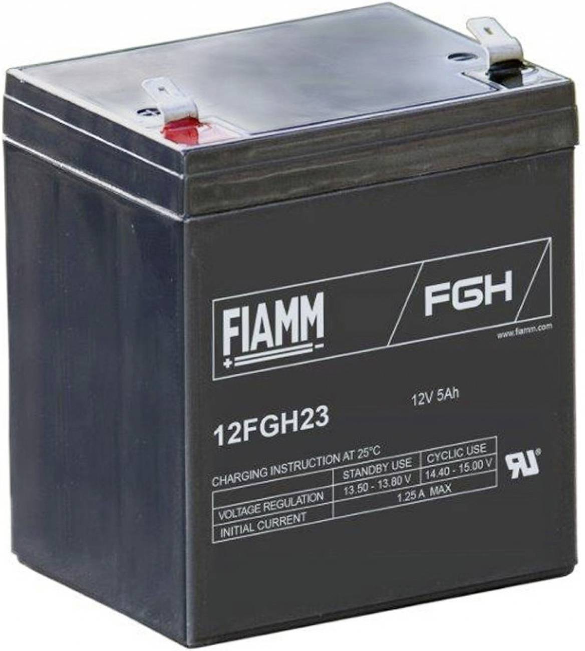 Schwarze FIAMM FGH 12V 5Ah versiegelte Blei-Säure-Batterie mit Oberflächenpolklemmen und aufgedruckten Spezifikationen auf der Vorderseite.