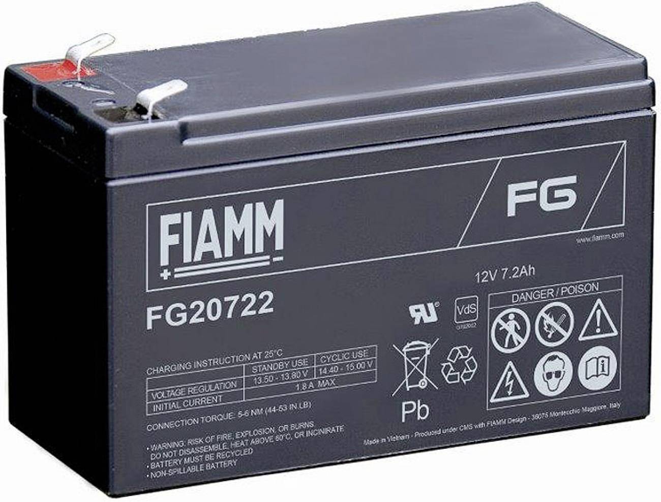 Schwarze FIAMM FG20722 12V 7,2Ah wiederaufladbare Batterie mit Oberklemmen und aufgedruckten Sicherheitsetiketten.