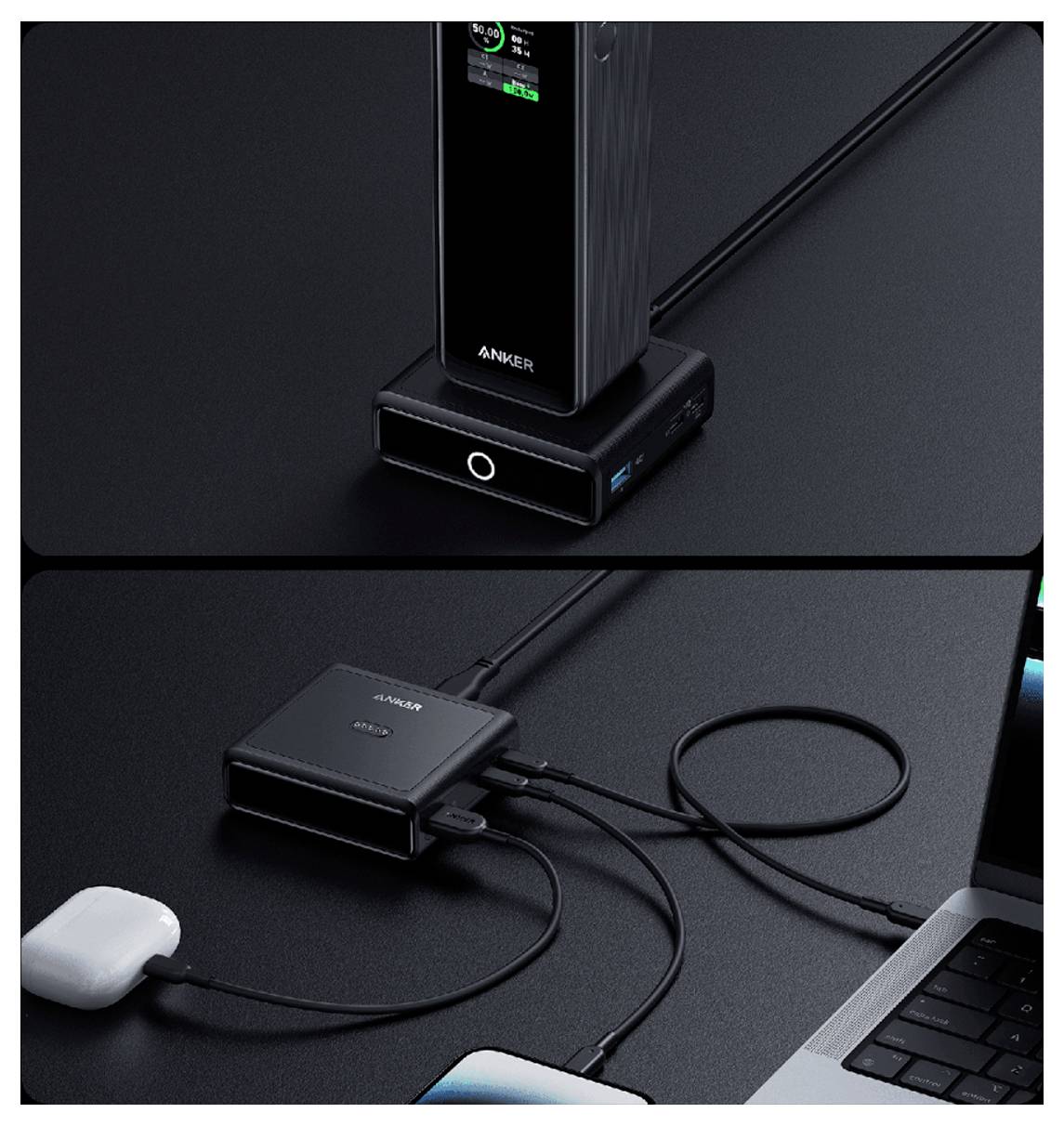 Anker USB-C-Ladehub lädt ein Telefon auf und verbindet sich mit einem Laptop und anderen Geräten mit mehreren Kabeln.
