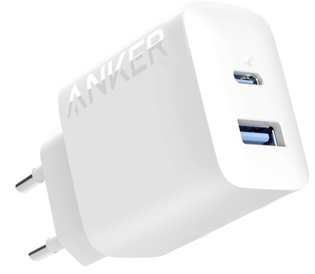 Weiße Anker-Wandladegerät mit zwei USB-Anschlüssen, schräg auf weißem Hintergrund dargestellt.