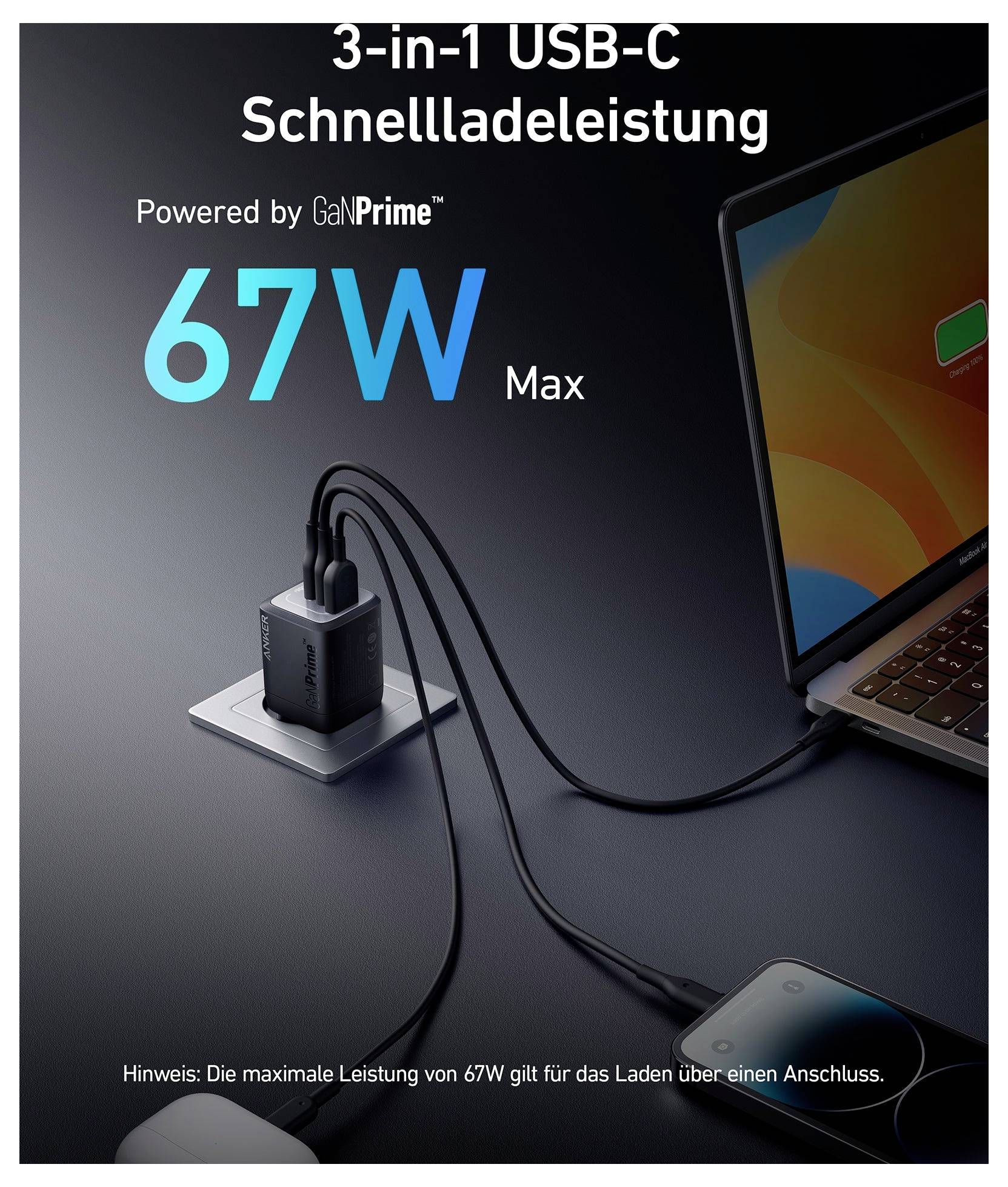 3-in-1 USB-C Schnellladeleistung67W MaxLaden Sie Ihren Laptop und Ihr TelefonAngetrieben von GaNPrime