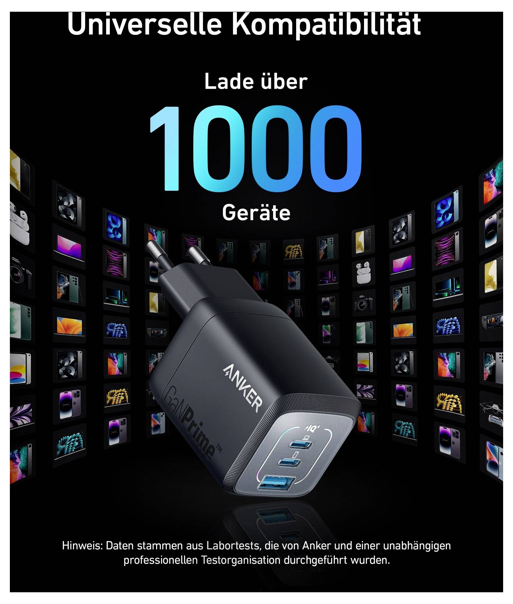 Anker Prime Wandladegerät mit zwei Anschlüssen, gezeigt mit dem Text „Universelle Kompatibilität