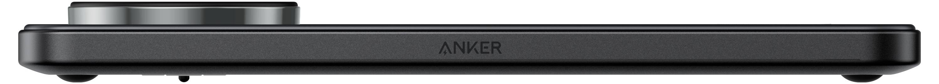 Seitenansicht einer schlanken schwarzen Anker-Ladestation mit einer erhöhten kreisförmigen Telefonhalterung auf der linken Seite und einer flachen rechteckigen Basis.