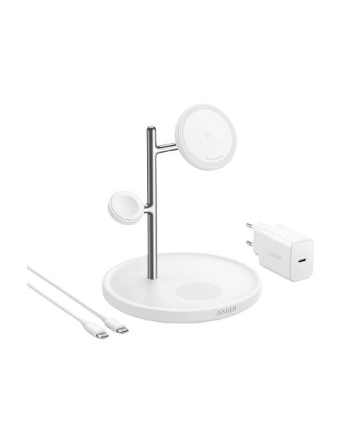 Weißer Anker magnetischer kabelloses Ladestativ mit rundem Sockel, zwei runden Ladepads, Netzteil und USB-C-Kabel auf weißem Hintergrund.