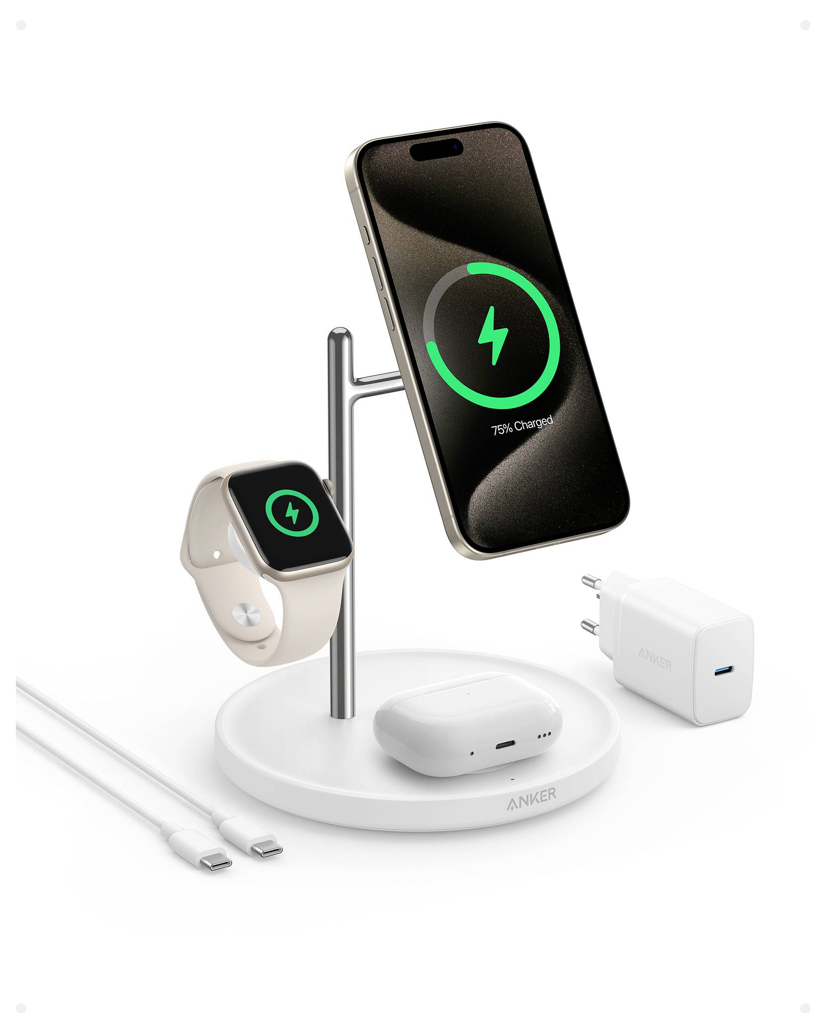 Anker kabelloses Ladestation lädt ein Telefon und eine Smartwatch, mit einer Ladehülle, einem Ladegerät und einem Kabel auf einer weißen Basis.