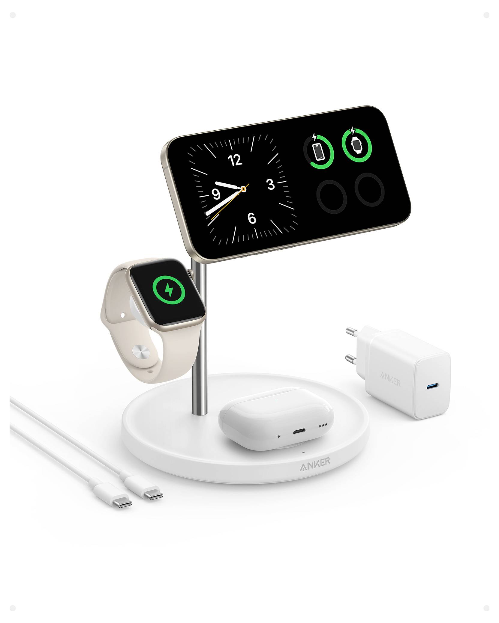 Anker 3-in-1 kabellose Ladestation lädt ein iPhone, eine Apple Watch und AirPods mit einem USB-C-Netzteil.