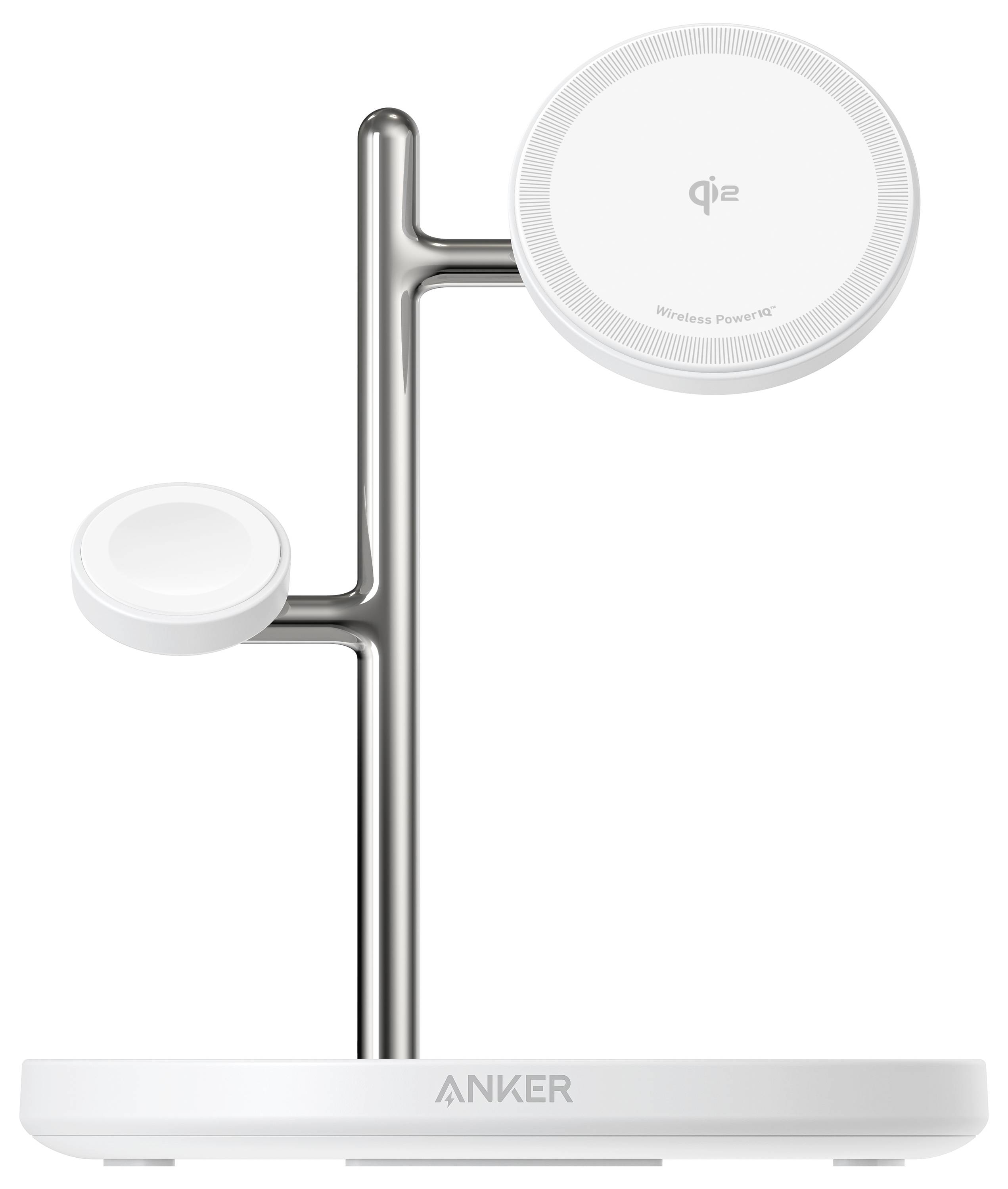 Anker Wireless-Ladeständer mit zwei MagSafe-ähnlichen Ladepads, ein großes Telefonpad und ein kleineres Uhr-/Ohrhörer-Pad, auf einer weißen Basis.