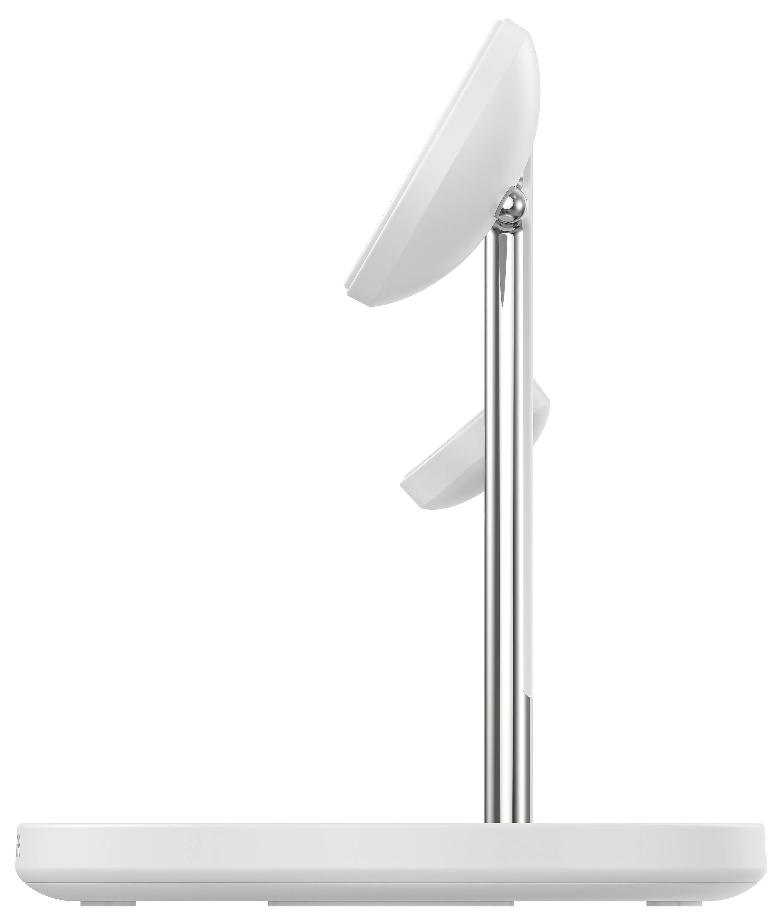 Weiße verstellbare Schreibtischlampe mit rundem Fuß und zwei schwenkbaren Leuchtenköpfen auf einem Chromständer.