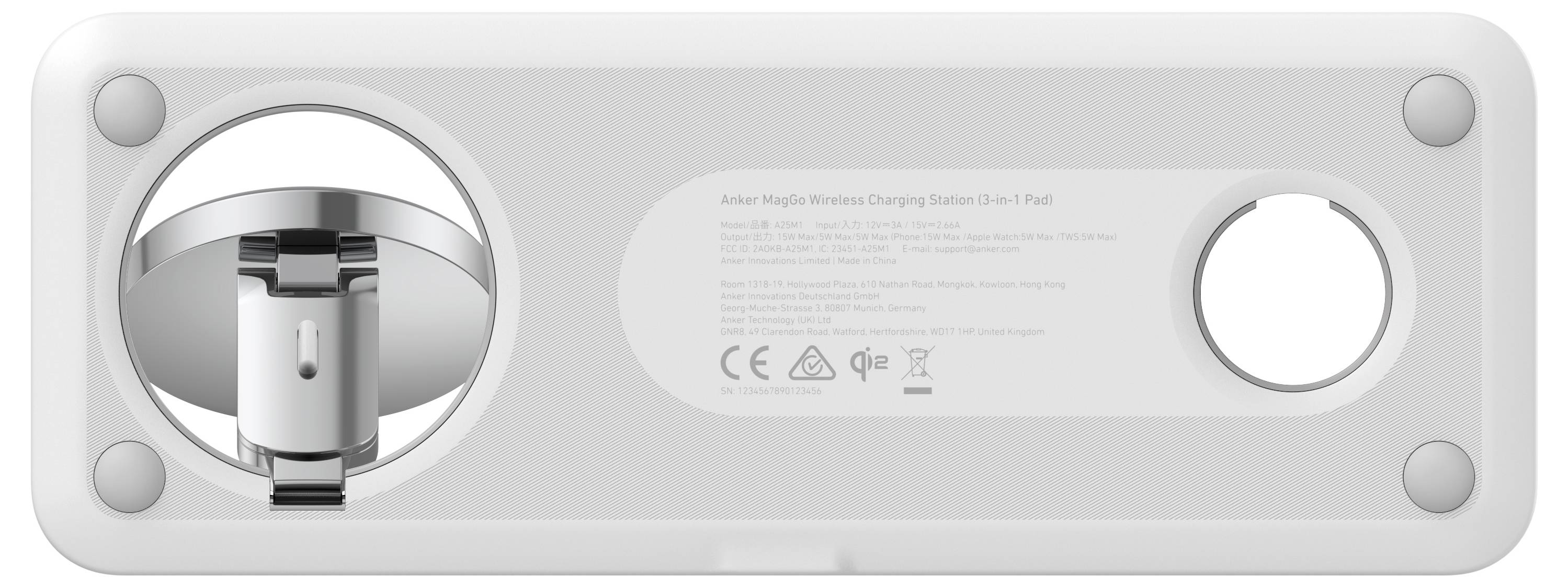 Silbernes Apple MagSafe-Akkupack von hinten gezeigt, mit einem kreisförmigen Andockbereich auf der linken Seite, behördlichem Text in der Mitte und einem runden Knopf auf der rechten Seite.