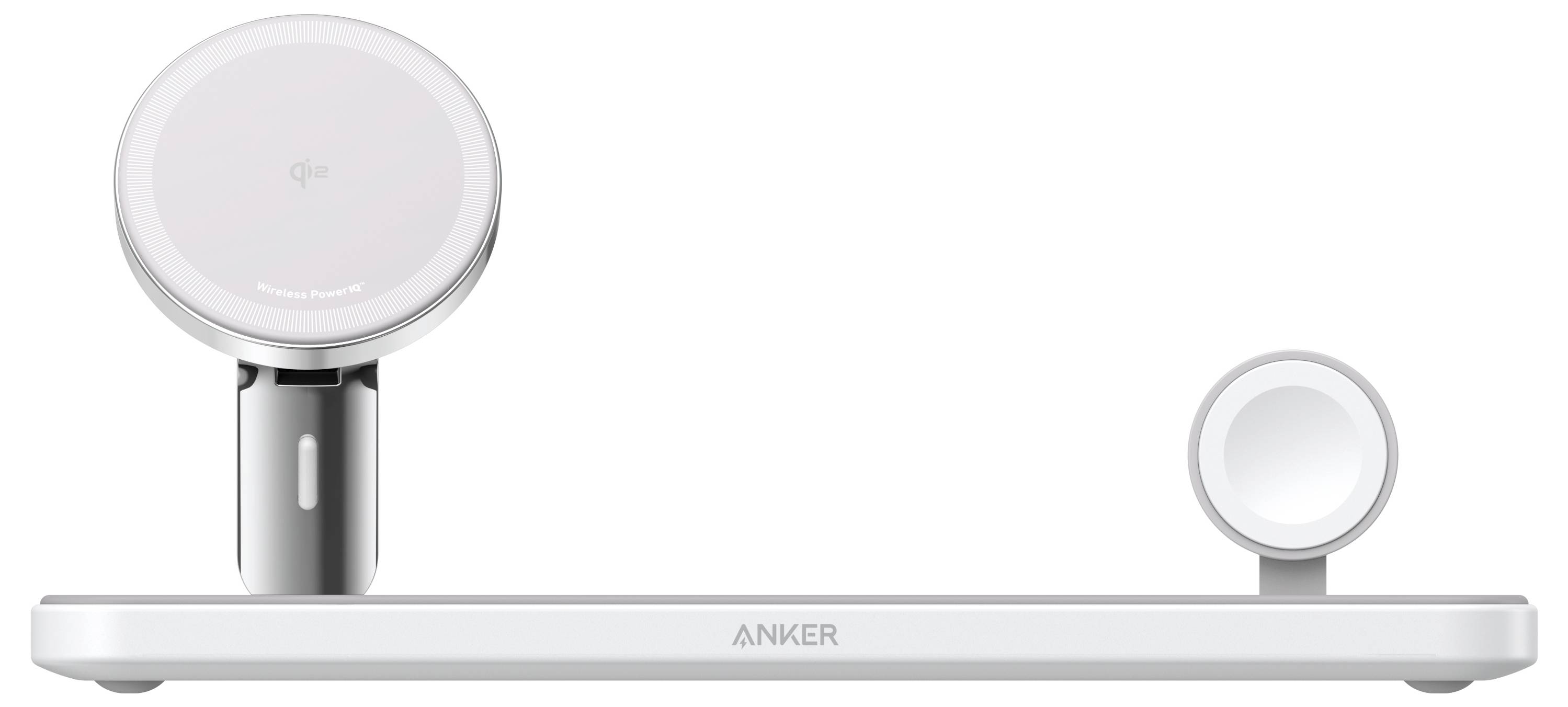 Anker magnetische kabellose Ladestation mit zwei runden Ladepads auf einer weißen Basis, einem größeren aufrechten Pad und einem kleineren Seiten-Pad.