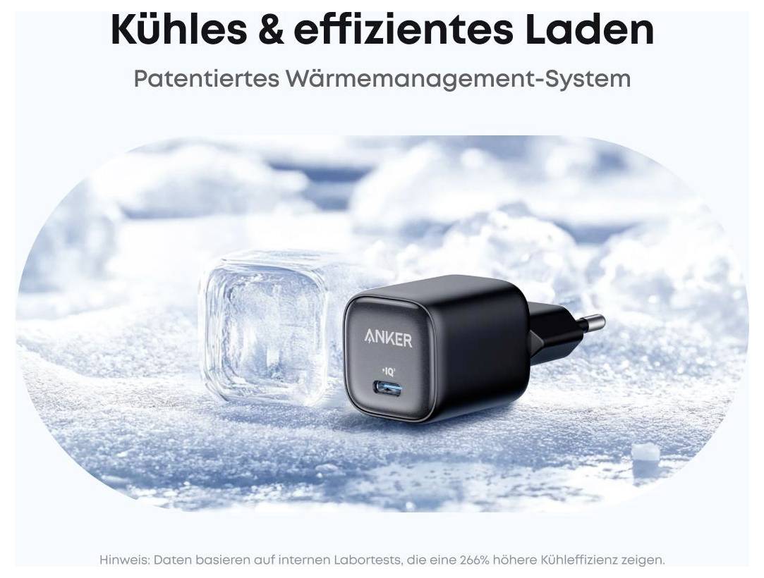 Promotionsbild eines Anker-Ladegeräts auf Eis, das 