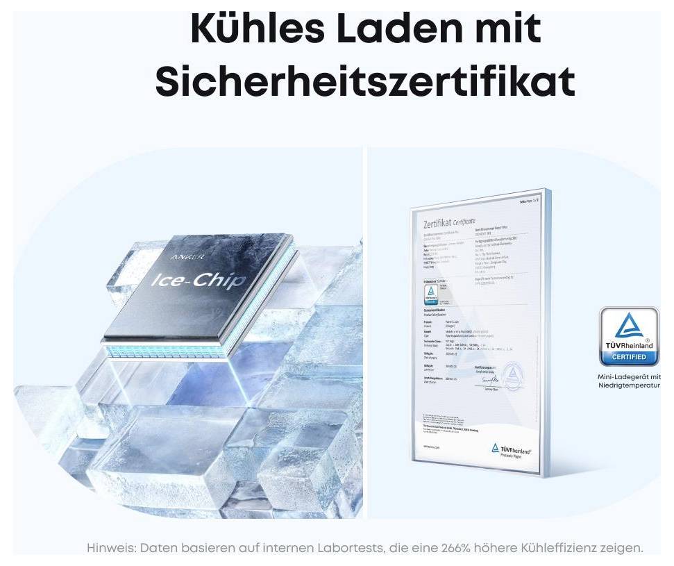 Werbung für 'Ice-Chip' mit einem Kühl-Speicherchip auf Eisblöcken und einem TÜV Rheinland Sicherheitszertifikat, mit deutscher Überschrift 'Kühles Laden mit Sicherheitszertifikat'.