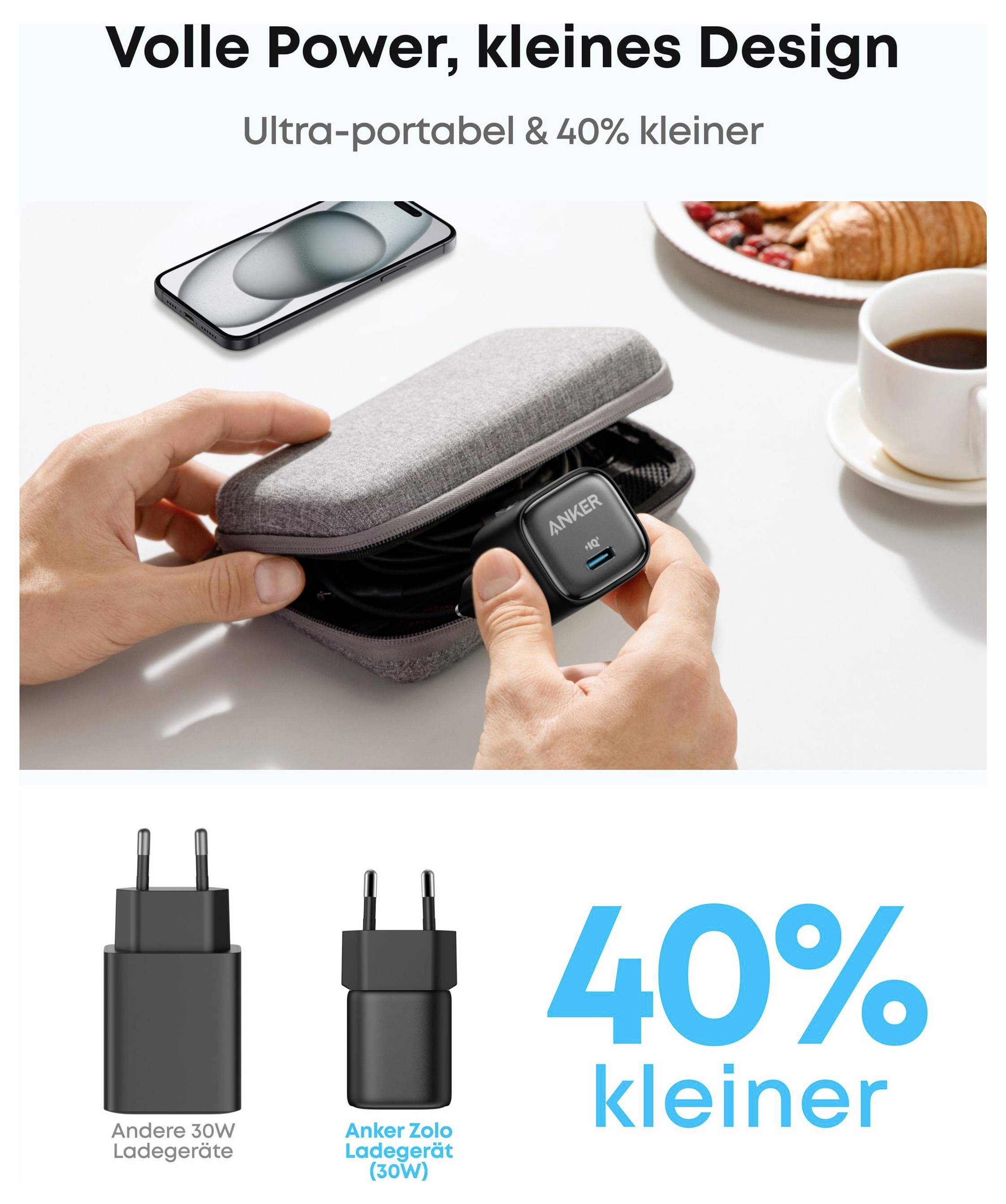 Werbegrafik für Anker Zolo Ladegerät und Etui, die ein ultraportables Design zeigt, das 40% kleiner ist als andere 30-W-Ladegeräte, mit Telefon, Kaffee und Reiseetui.