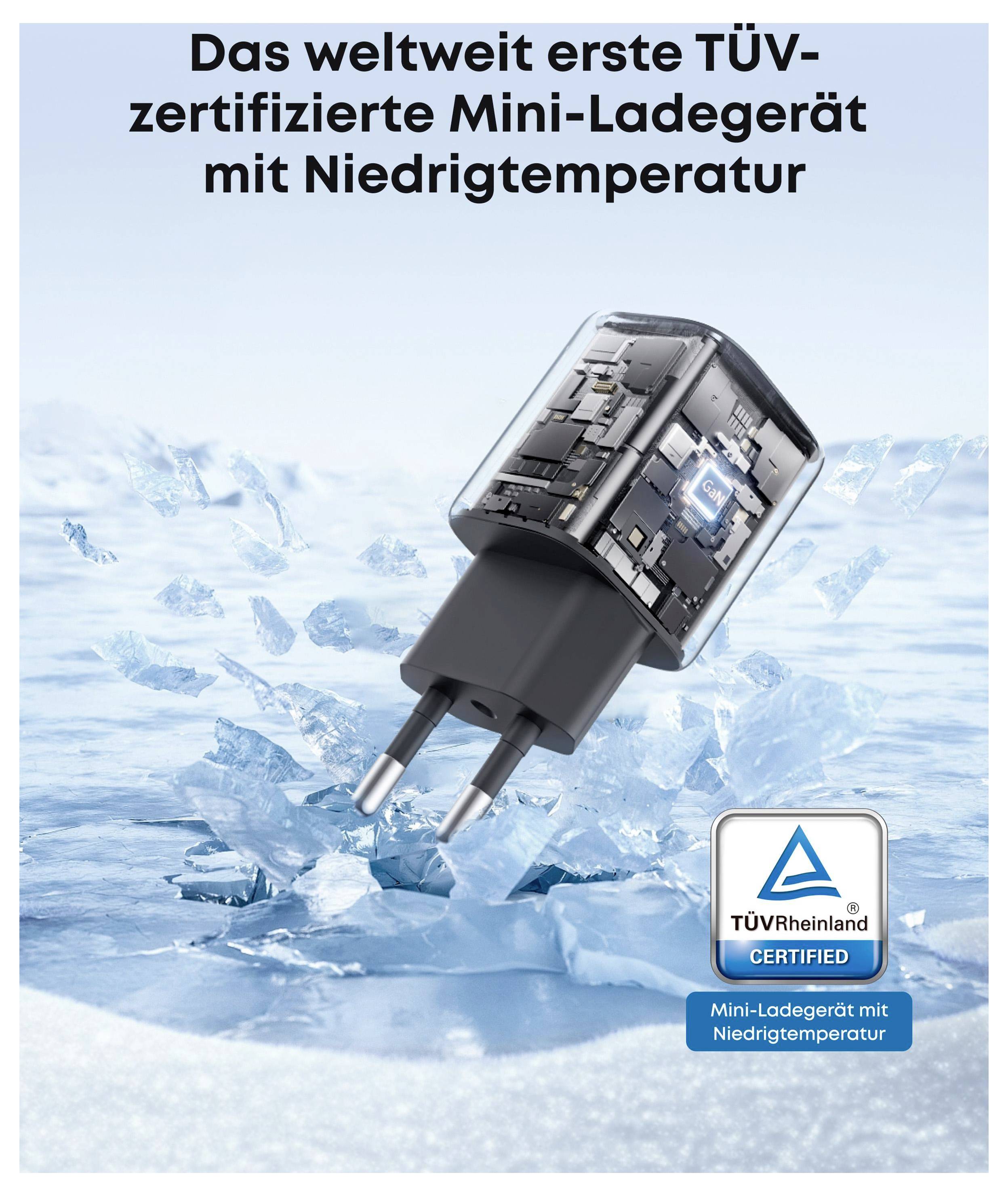 Ein USB-Wandladegerät, das über Eis schwebt, mit deutschem Text „Das weltweit erste TÜV-zertifizierte Mini-Ladegerät mit Niedrigtemperatur
