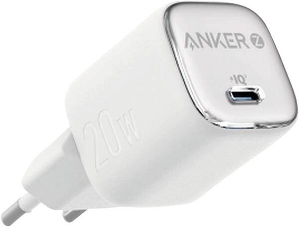 Weißes Anker 20W-Wandladegerät mit einzelnem USB-C-Anschluss und Steckern