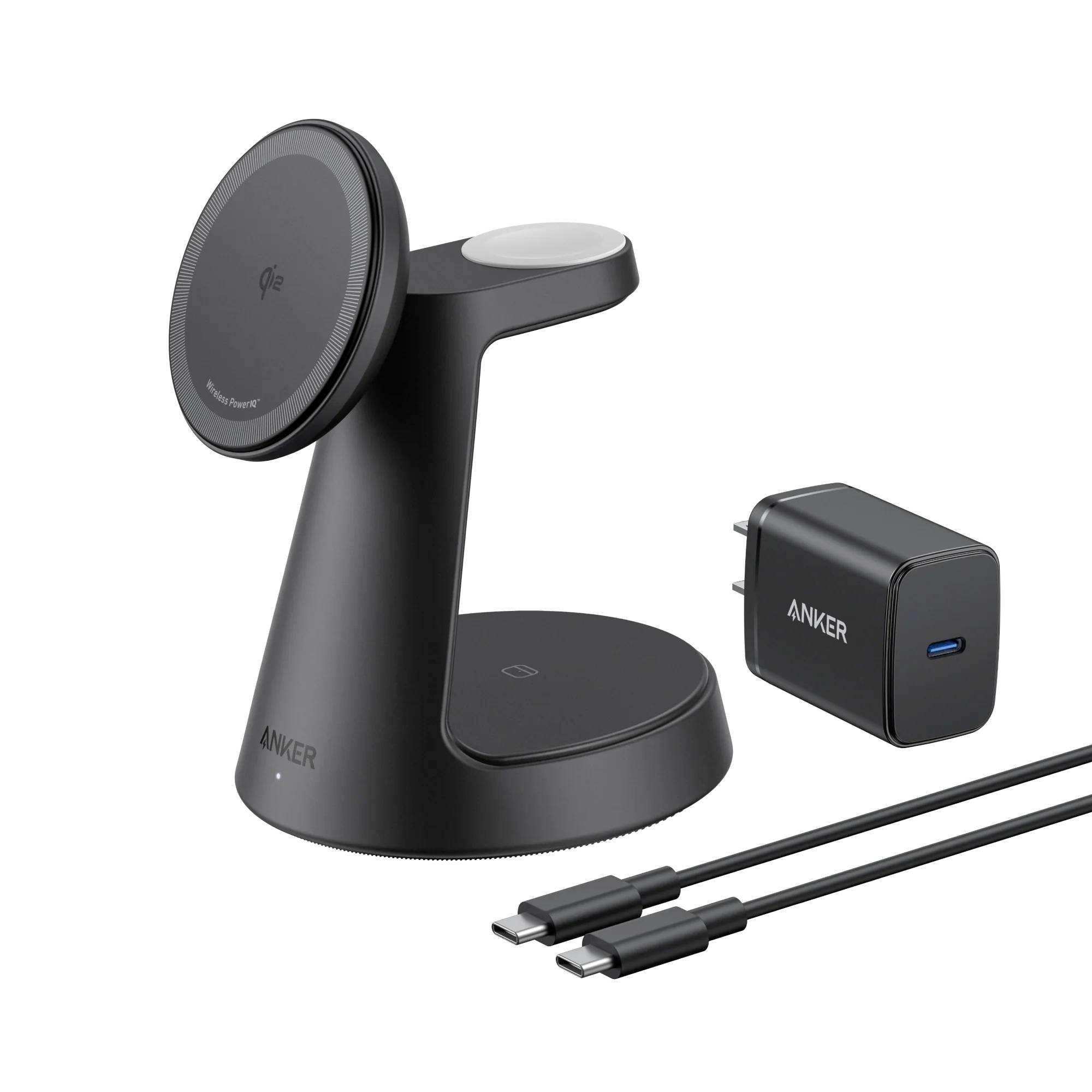 Anker kabelloses Ladeständer mit MagSafe-ähnlichem Telefonpad, USB-C-Netzteil und Ladekabel auf weißem Hintergrund.